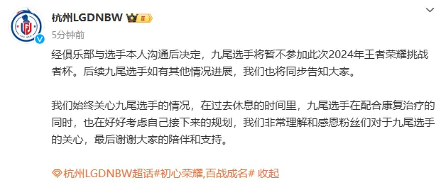 流言板]LGD发文：九尾选手将暂不参加此次2024年王者荣耀挑战者杯！(图1)